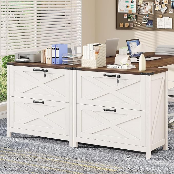 Halitaa Farmhouse Lateral File Cabinet with 2 Drawers, White and Brown | Lateral Filing Cabinet with Lock for Letter/A4/Legal Size, Large Wood File Storage Cabinet Printer Stand for Home Office