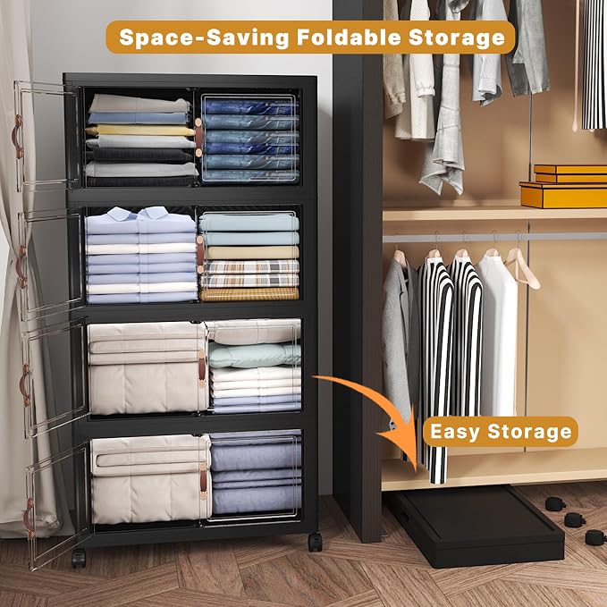 480QT Stackable Storage Bins with Lids, Doors & Wheels | Closet Organizers and Storage Cabinet , Lockable Plastic Foldable Drawers for Bedroom Dorm Office Garage（120QT*4,Black）