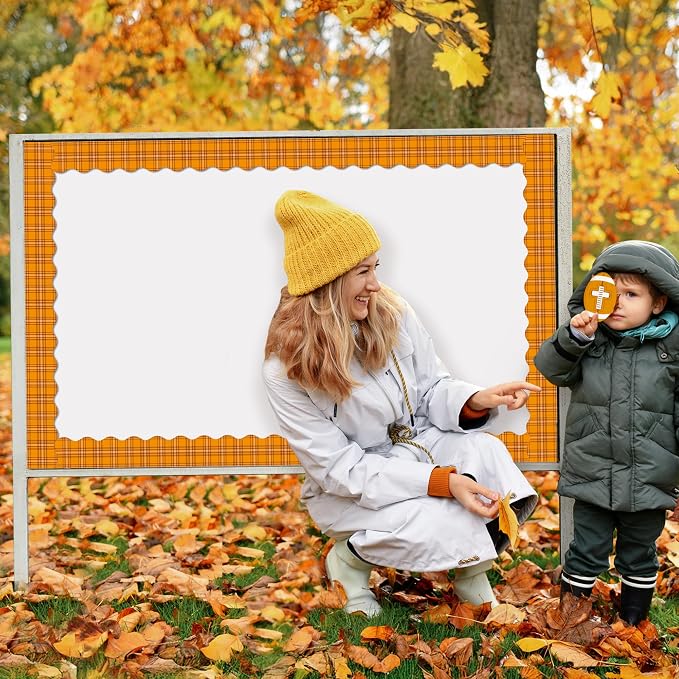 BeYumi Orange Plaid Border Trim - 65ft Back to School Orange Scalloped Rolled Border Trim Fall Thanksgiving Plaid Bulletin Board Set Harvest Party Decor Classroom Office Chalkboard Door Decoration