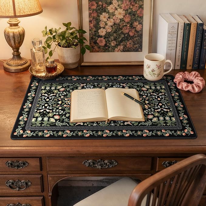iCasso Aesthetic Mouse Pad,23.6x13.7in Desk Pad, Black Flower | Vintage Desk Matt for Desktop, Anti-Slip Mousepad with Stitched Edges for Laptop Computer Keyboard