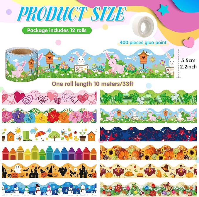 Geyee 12 Rolls 394 ft Holiday Bulletin Board Borders Seasonal Bulletin Board Decorations Winter Valentine's Day Spring Trim for School Classroom Wall Decor