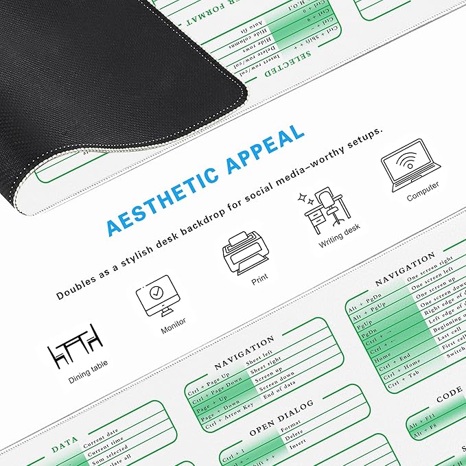 White Excel Cheat Sheet Desk Pad, 31.5"x11.8", Waterproof Extra Large Excel Shortcut Mat with Stitched Edges, Anti-Slip Excel Mouse Pad for Office Desk, MS Excel/Word Shortcuts (White Excel)