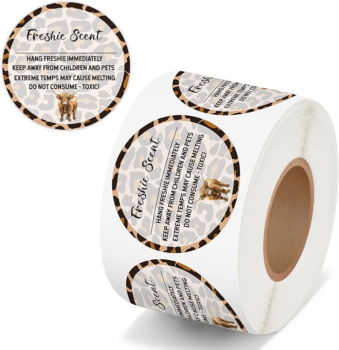 PANTIDE Freshiess Scent Care Instruction Stickers - 500 Count Car Freshie Warning Round Labels, Adhesive Roll Stickers with Line to Write Thermal Printed for Small Business (2 x 2 Inch, Leopard Cow)