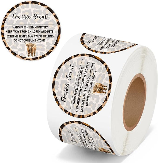 PANTIDE Freshiess Scent Care Instruction Stickers - 500 Count Car Freshie Warning Round Labels, Adhesive Roll Stickers with Line to Write Thermal Printed for Small Business (2 x 2 Inch, Leopard Cow)