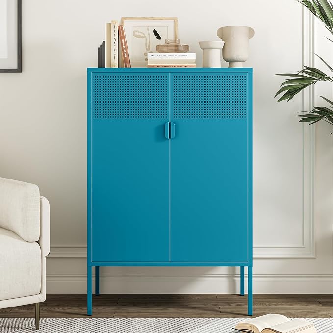 Chshin Metal Storage Cabinet,Kitchen Pantry Storage Cabinets with Doors,Buffet Cabinet with 2 Adjustable Shelves,Blue Pantry Cabinets,Steel Sideboard for Home,Shoes,Office,Dining Room
