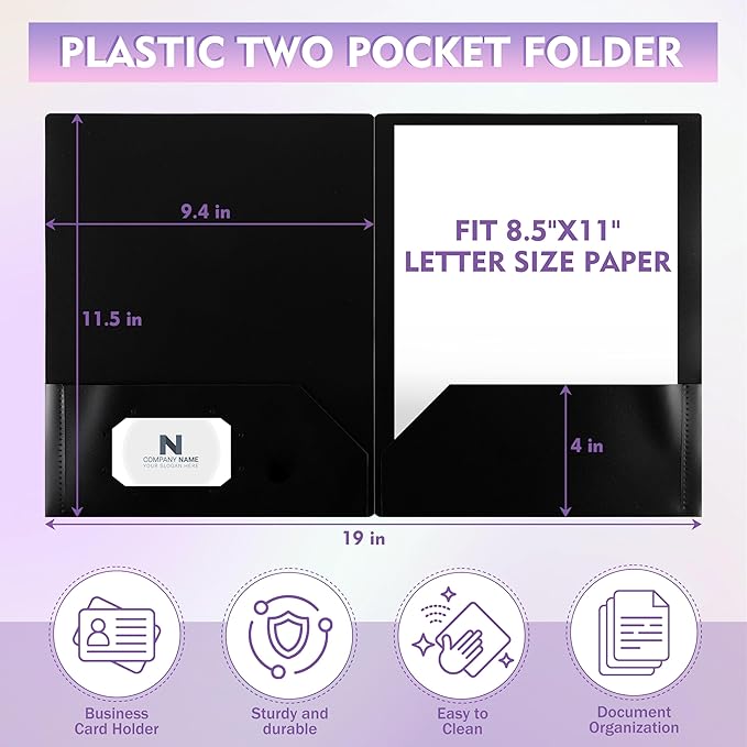 pmybupo 25 Pack Black 2 Pocket Folders,Heavy Duty Plastic Folders for Letter Size Paper,Heavy Duty Poly,Long Lasting,Includes Labels.