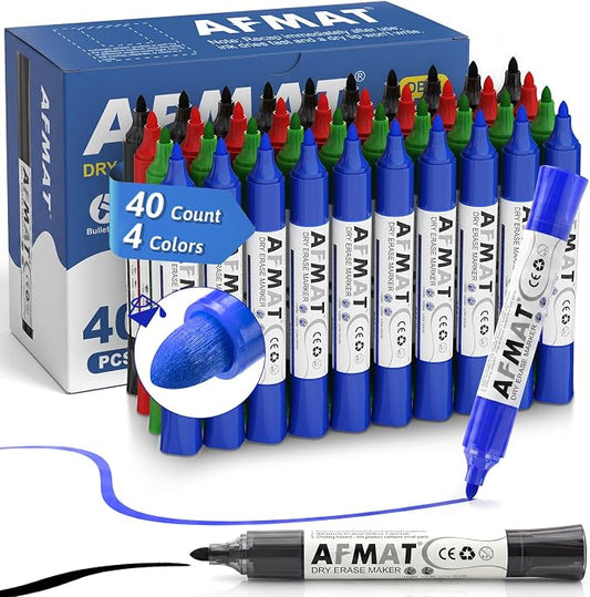 AFMAT Dry Erase Markers, 40-Count 4 Colors Whiteboard Markers, Bullet Tip, High-Capacity Liquid Ink for 1,700m Writing Length, w/Visible Ink Level, Low Odor Erasable for Teacher Office Classroom