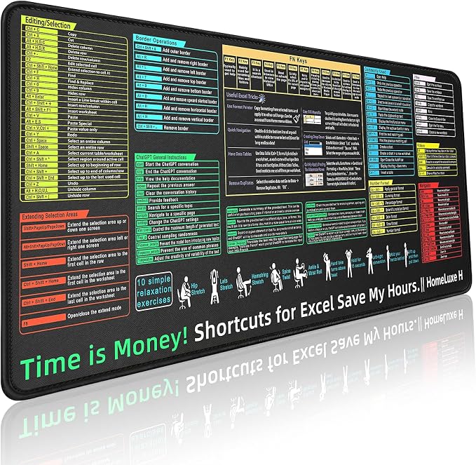 Excel Cheat Sheet Desk Pad-Big Mouse Pad(31.5in×11.8in×0.1in) | Desk Mat for Microsoft Excel Shortcuts | Office Desk Accessories | Non-Slip Stitched Edge