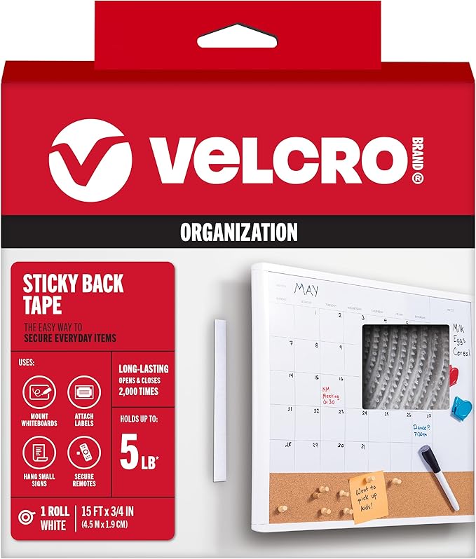 VELCRO Brand - Sticky Back Hook and Loop Fasteners – Peel and Stick Permanent Adhesive Tape Keeps Classrooms, Home, and Offices Organized – Cut-to-Length Roll | 15ft x 3/4in Tape | White