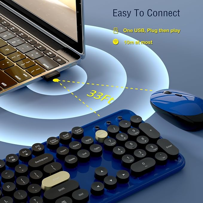 Links9+ Wireless Typewriter Keyboard and Mouse Combo (Jewel Blue-Black) | Full-Size Retro Round Keycaps, Clicky Typing, Ergonomic Design, Smart Auto-Sleep, Perfect for Office, Home and School