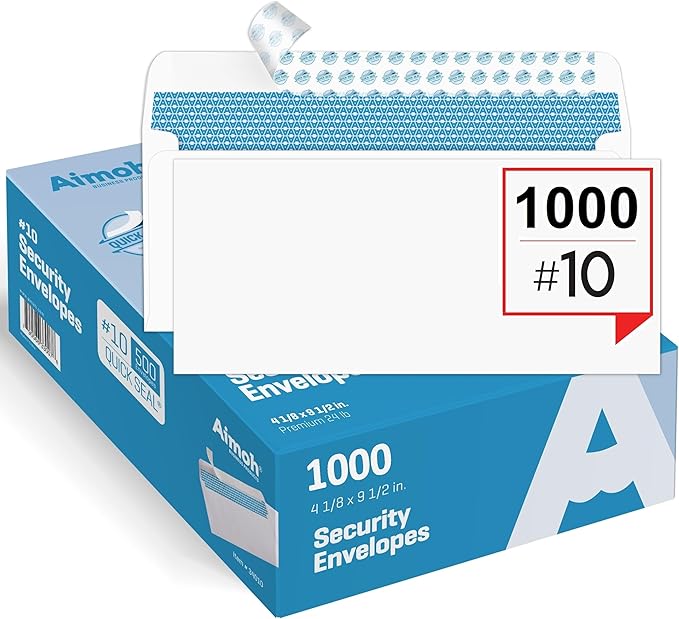 Aimoh 1000#10 Security Self-Seal Envelopes, Windowless Design, Premium Security Tint Pattern, Ultra Strong Quick-Seal Closure - EnveGuard - Size 4-1/8 x 9-1/2 Inches - White -24 LB- (34010-1000)
