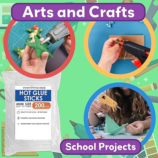 Innovative Haus Mini Hot Glue Sticks (200 Pack) - Fits Mini Glue Guns, 4" x 0.27" - Craft, Bond, Create on Wood, Metal, Glass and More - Transparent, Strong and Quick-Drying