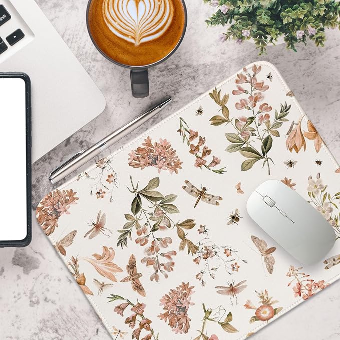Floral Fall Mouse Pad Brown Red Boho Small Mousepad, Autumn Insect Mouse Pads for Laptop Desk, Flower Cute Mouse Pad for Computers Aesthetic Fall Office Desk Accessories for Women 11.8x9.8