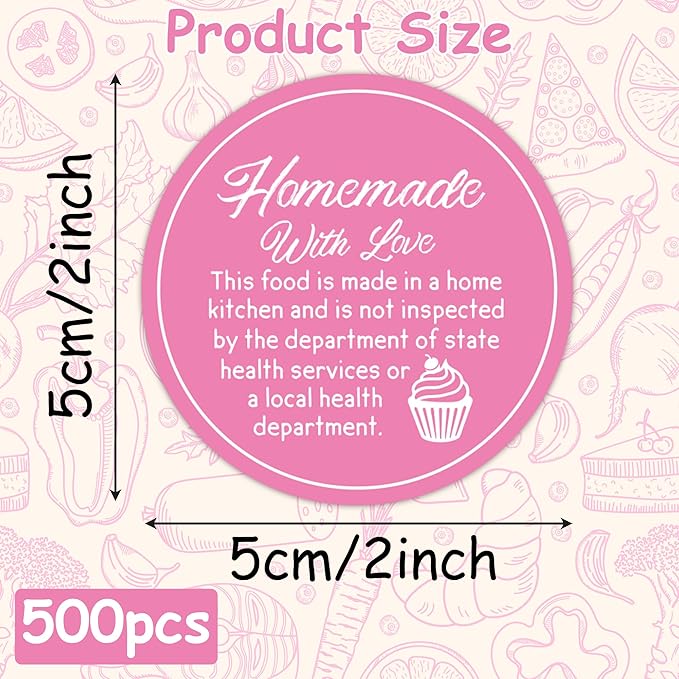 PANTIDE Cottage Food Law Labels Stickers - 500 Count Homemade with Love Adhesive Round Decal Roll, Made in A Home Kitchen Inspection Statement Thermal Printed for Food Packaging (2 x 2 Inch, Pink)