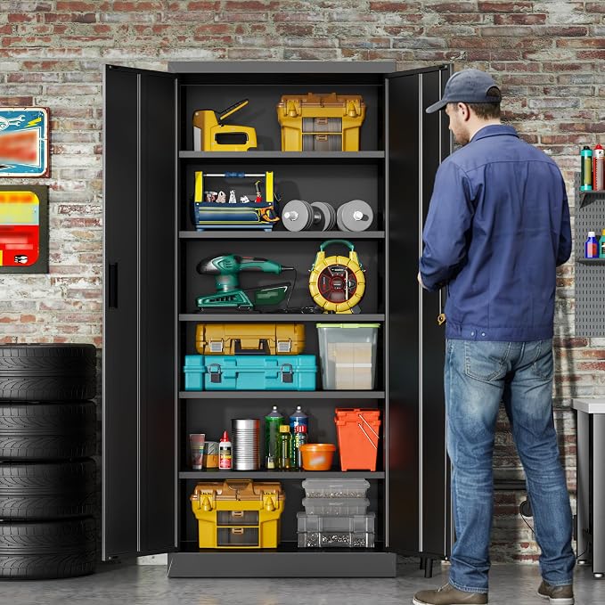 BESFUR Metal Storage Cabinet, 71" H Locking Storage Cabinet with 5 Adjustable Shelves, Metal Cabinets for Garage, Office, Home, Classroom- Black