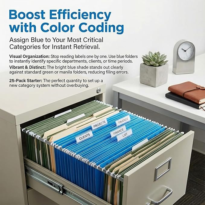 25 Pack Hanging File Folders Letter Size,Blue Reliable Hanging Folders for Filing Cabinet,Reinforced Rods for Smooth Gliding,Includes 1/5 Adjustable Tabs & Inserts,Ideal for Home & Office