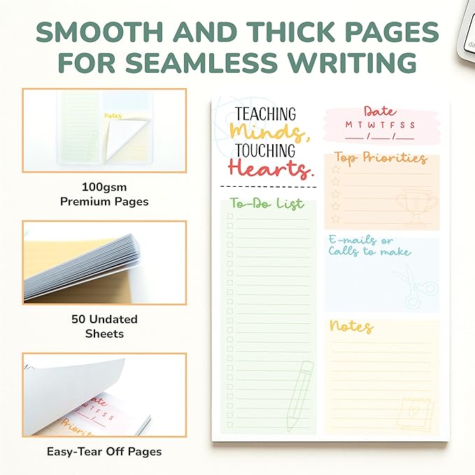 Decorably 2-Pack 50 Sheets Minimalist Undated Teacher To Do List Notepad, 5.5x8.5in Spring-Bound, Easy Tear-Off Design, with Top Priorities, Daily Focus, Contacts, Notes - Home, School