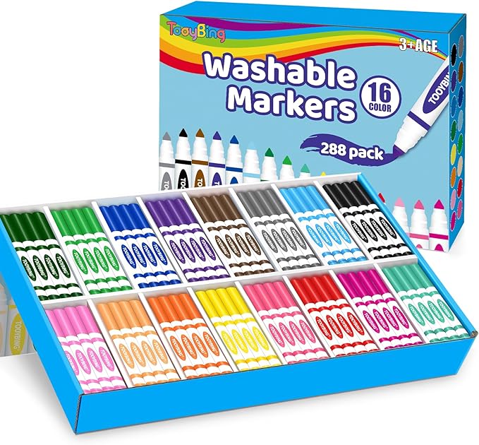 Washable Markers Bulk (288 Count), 16 Assorted Colors, Washable Markers for Kids Classroom School, Broad Tip Durable for Back to Classroom Art School Supplies Essentials