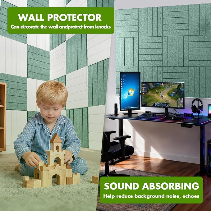 48" x 36" Large Felt Bulletin Board 1/2" Thick, Jade Green | 12 Pack Felt Tiles, Cork Board Alternative, 60 Adhesive Tabs, Pin Board for Home Office Decor with Easy Install