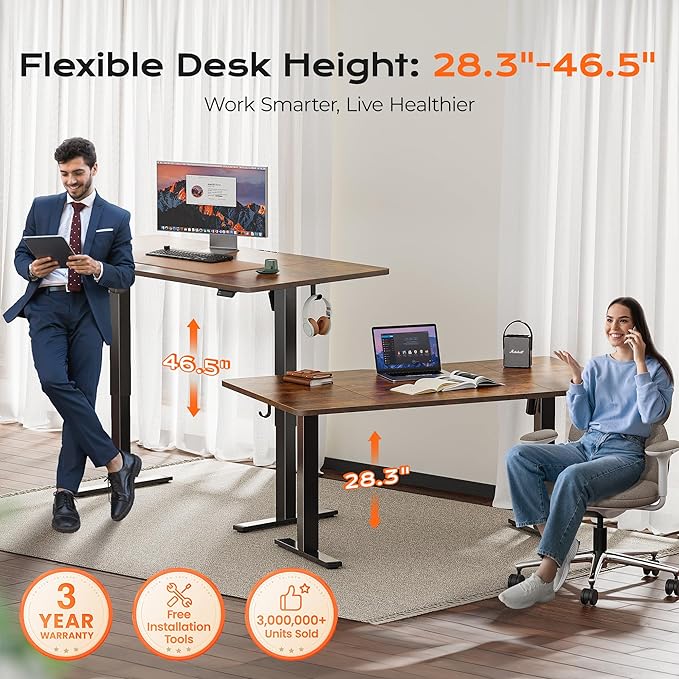 Huuger 63 x 28 Large Electric Standing Desk, Height Adjustable Computer Desk, 27.6" Deep Desktop, Stand up Gaming Office Table with 2 Hooks, 3 Preset Heights, for Home Office, Rustic Brown, 7021Z-1