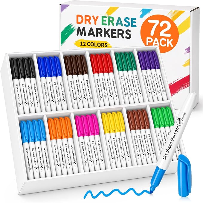 V-Opitos 72 Pack Fine Tip Dry Erase Markers in 12 Colors | Bulk Whiteboard Markers, Non-Toxic, Easy Clean, Erasable, School Classroom, Office Supplies