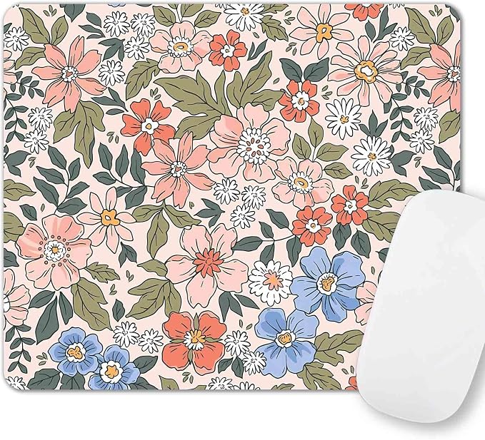 Moth Floral Mouse Pad, Green Leaf Flowers Mousepad, Boho Computer Small Cute Mouse Pad, Washable Cloth Non-Slip Rubber Base Mouse Mat for Office, Pink Blue