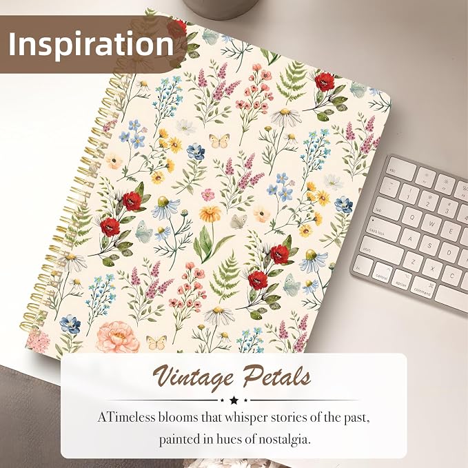 Cute Spiral Notebook journal A4 Aesthetic Pretty Design for Women Girls Kawaii with Pocket, 8.5 x 11 inch, Lined, Plant Flower