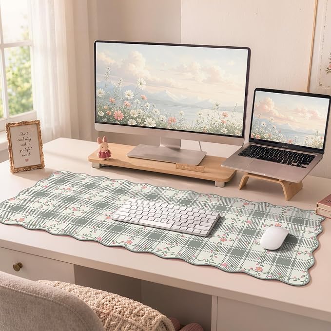 iCasso Light Green Mouse Mat 35.4"x15.7", Desk Shield for Workspace | Stylish Floral Desk Pad Including Stitched Edges, Scalloped Mousepad for Study Dorm Home Office Workspace Area