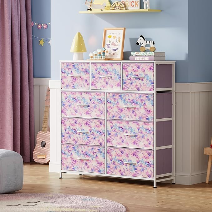 WLIVE 9 Drawer Dresser, Fabric Storage Tower for Bedroom, Hallway, Closet, Tall Chest Organizer Unit for Bedroom with Fabric Bins, Steel Frame, Wood Top, Easy Pull Handle, Tie-dye Purple Print