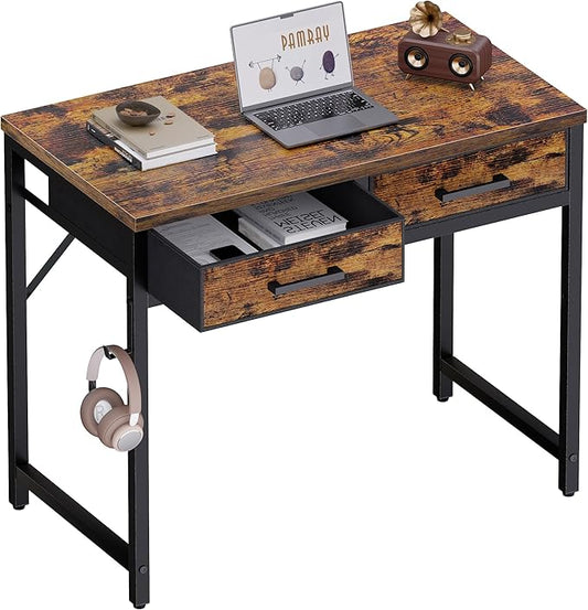 Pamray 32 Inch Small Computer Desk with 2 Drawers for Bedroom Study Writing Home Office Table for Small Spaces Vintage