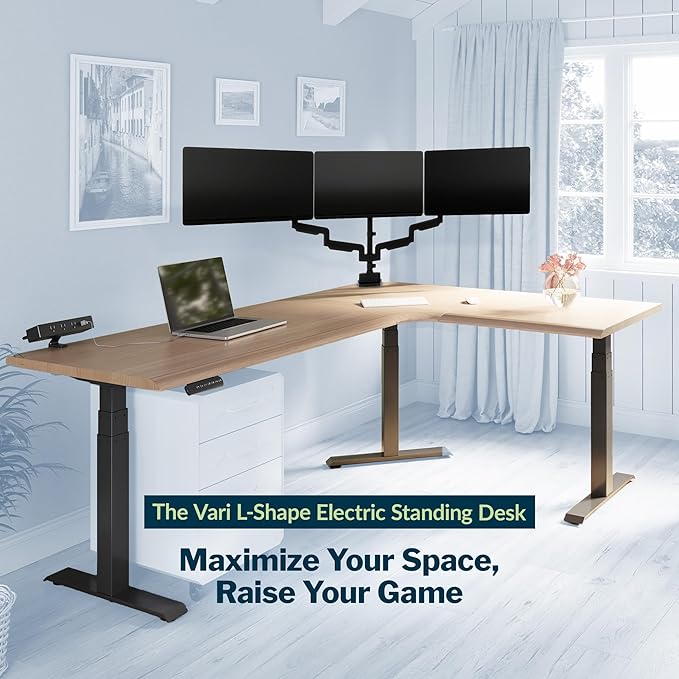 Vari ComfortEdge 80x60 L-Shape Electric Standing Desk – Height Adjustable Sit-Stand VariDesk for Corner Office with Reversible Left/Right Design – Light Wood Top/Slate Legs (Ships in 3 Boxes)