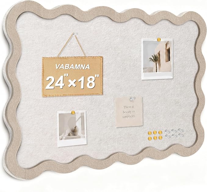 VABAMNA Scalloped Felt Bulletin Board 24"x18", Felt Cork Board Alternative for Wall, Foldable Picture Self-Adhesive Boards with Pins Hooks, Vision Boards for Photo Display School Home Office, Oatmeal
