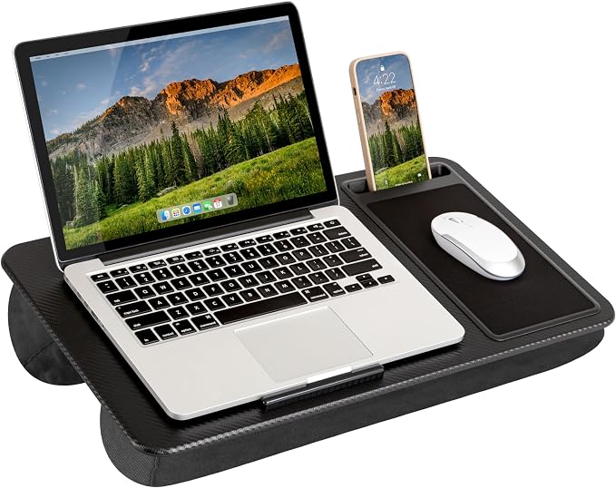 LAPGEAR Home Office Lap Desk – Black Carbon, Fits 15.6” Laptops | Built-In Mouse Pad & Phone Slot, Integrated Device Ledge, Dual-Bolster Microbead Cushion, Carry Handle