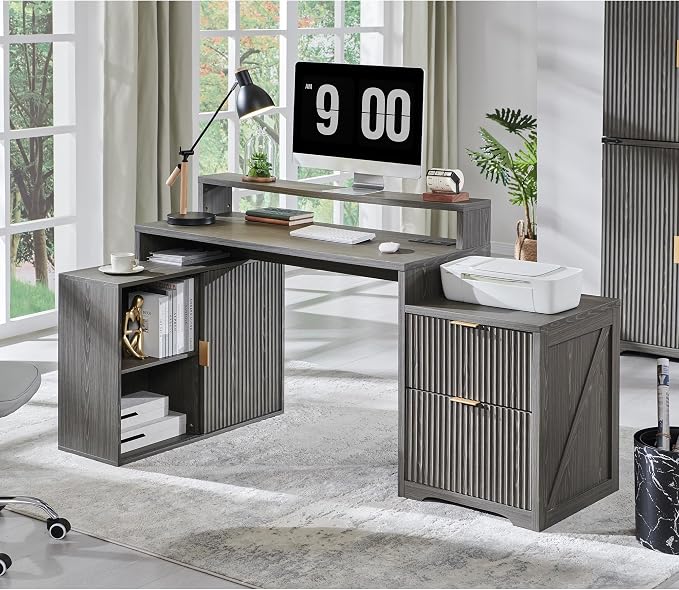 67"Modern Desk with Cabinet & 2 Drawers, Fluted Office Desk Built‑in Outlet | L Shaped Desk ,storage cabinet with sliding doors, Wood Home Office Desk, Fluted Computer Writing Desk, Grayish Green