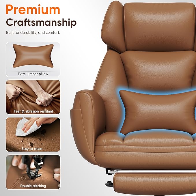 GABRYLLY Ergonomic Chair with Footrest – Wide Cross Legged Chair with Reversible Armrests, 120°Tilt, Heavy-Duty Base, Big and Tall Executive Chair Plus, Brown, GY82766