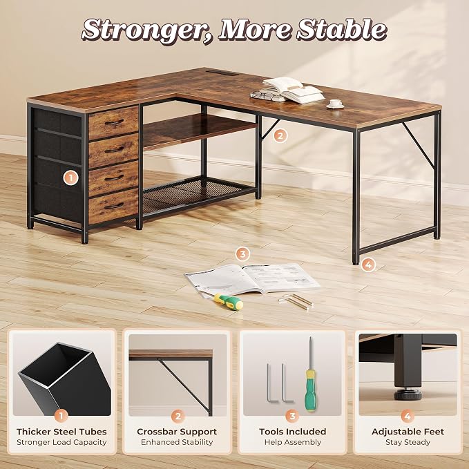 53" L Shaped Desk with Power Outlets & 4 Drawers | Reversible Computer Desk with 2 Storage Shelves, Large Corner Office Desk for Gaming Writing Work Study, Rustic Brown