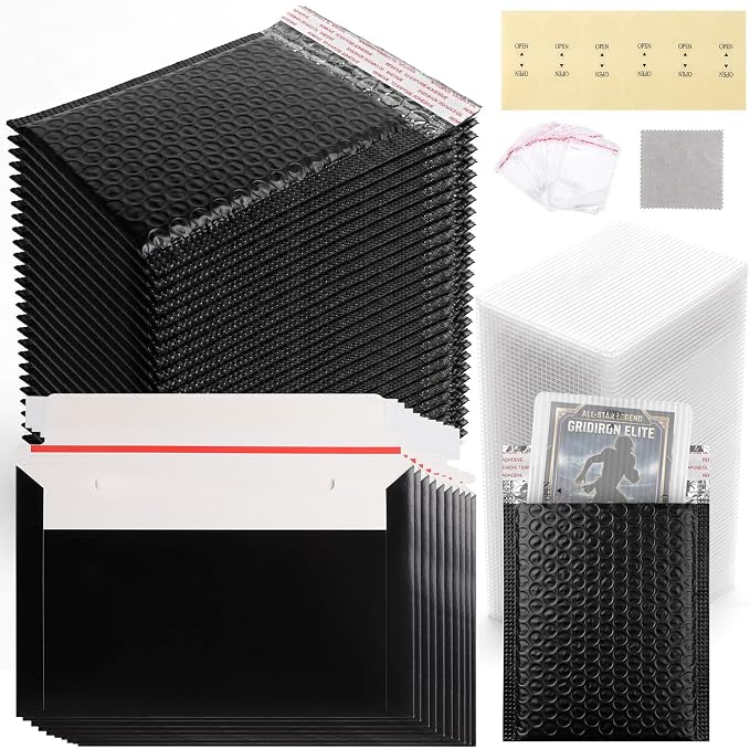 Trading Card Shipping Kit with Bubble Mailers, Kraft Envelopes and Sleeves | Includes card shipping protectors, clear bags and tape seals for layered protection, fast packing and everyday card shipping.