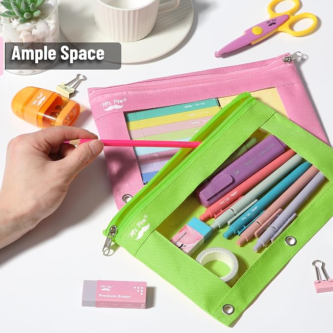 Mr. Pen- Pencil Pouch for 3 Ring Binder, 2 Pack, 10"x6.75", Smooth Zipper | Clear Window, Large Capacity Pencil Case with 3 Reinforced Grommets for School, Office, Supplies Storage | Clear Window, Large Capacity Pencil Case with 3 Reinforced Grommets f...