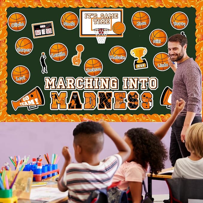 Basketball Bulletin Board Set Sports Classroom Decoration Let The Madness Basketball Paper Cutouts Sport Border for Back to School Bulletin Board Background Chalkboard Wall Door Decor Game Supplies