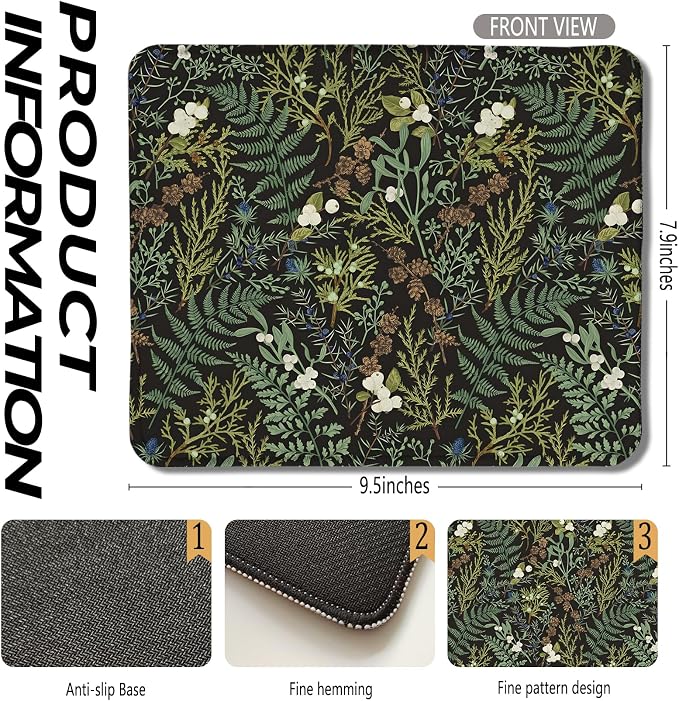 Dark Green Plant Mouse Pad,Vintage Green Fern Leaves Botanical Cottagecore Mouse Pads for Wireless Mouse Computers Laptop Desk Accessories, Plant Desk Accessories,9.5x7.9 Inch