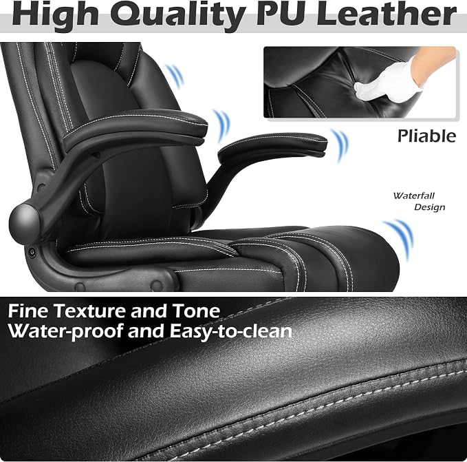 Flip-Up Arms Executive Office Chair, 300lbs, Hydrolysis-Resistant Leather | Flip-up arms, waterfall pads. 5-year durable leather. Sturdy BIFMA, 300lbs. Tilt relax, class 4 lift.