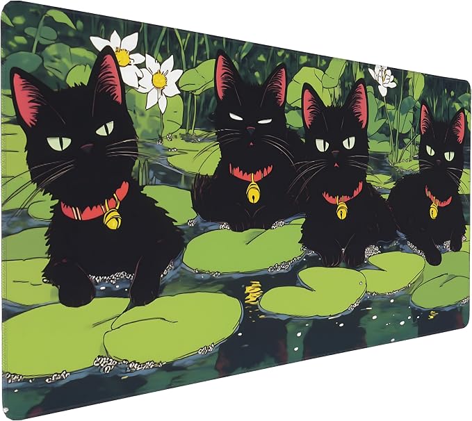 Cute Anime Black Cat Gaming Mouse Pad, Forest Green Anime Desk Mat with Anti-Slip Base & Stitched Edges, Office & Home Desk Decor for Women, 35.4" x 15.7" in Computer Desktop Mat