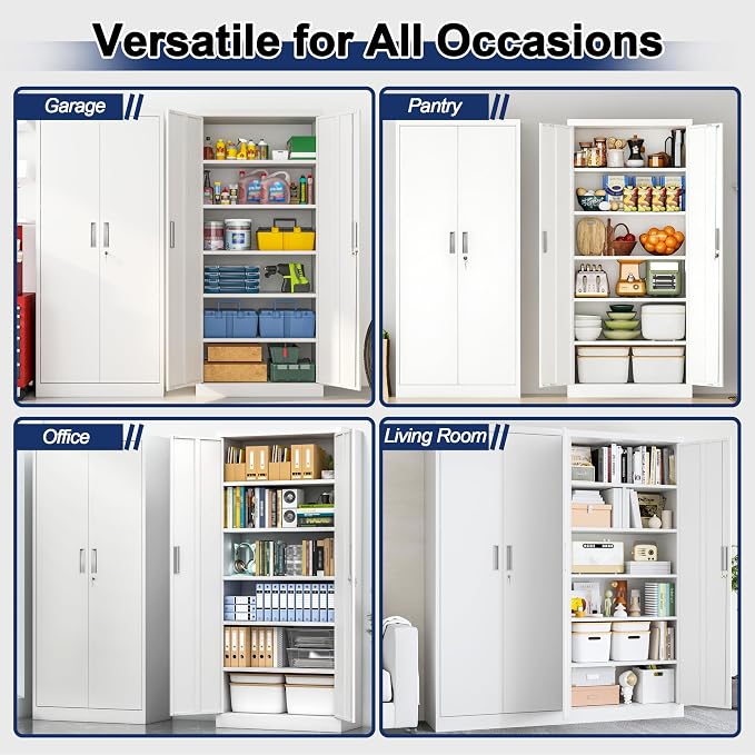 BESFUR Metal Storage Cabinet with 2 Doors and 5 Adjustable Shelves Garage Storage Cabinet with Lock 71" Office Storage Cabinets Locking Cabinets for Garage Office Shop Home (White)
