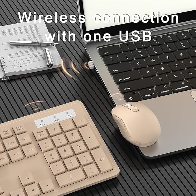 Wireless Keyboard and Mouse Combo, Full-Size 104-Key Office Keyboard with 15 Function Keys, Numeric Keypad, Single USB Receiver, Compatible with PC and Laptop(Milk-Tea Only)
