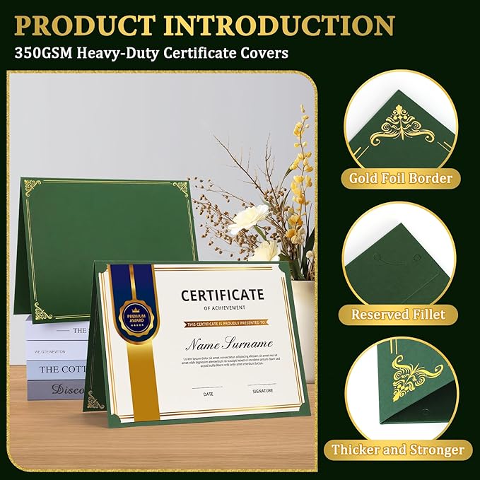 Ndsox 50 Packs Green Certificate Holders, Graduation Diploma Holders, 350GSM, Diploma Covers with Gold Foil Border for Letter Size 8.5" x 11" Award Certificate Paper, Cardstocks and Documents