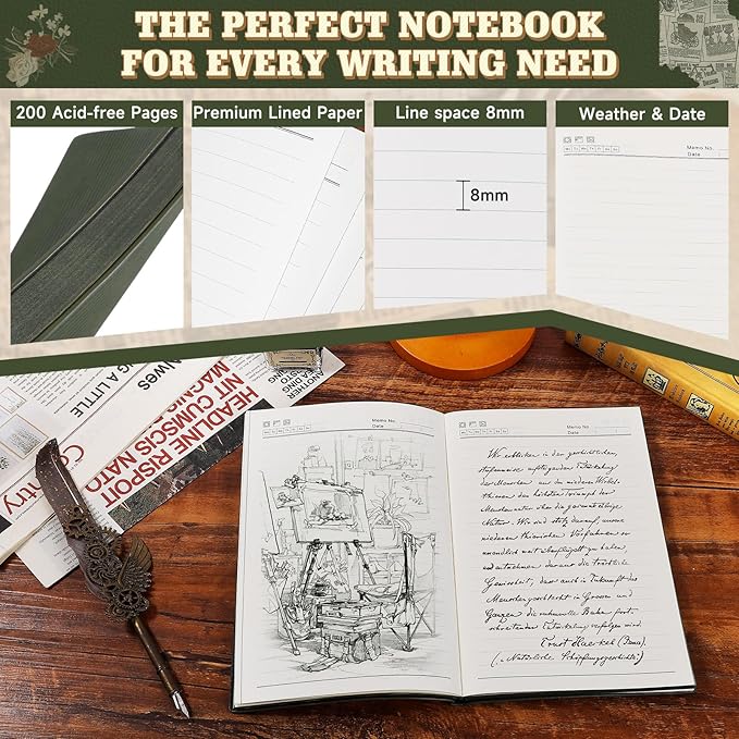 Lined Journal Notebook for Work College Ruled Note Book 5.8"x8.3"A5 PU Leather Daily Journaling 216 Pages for Women Men Writing Home School Supplies Business (Dark Green)