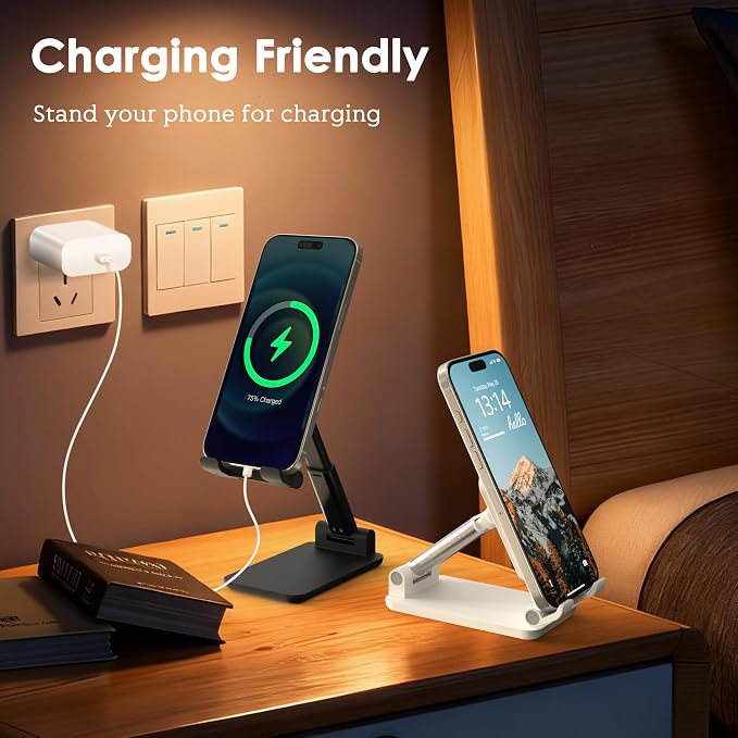 2 Pack Cell Phone Stand for Desk, Adjustable Angle & Height, Foldable Portable Phone Holder with Anti-Slip Silicone Pad, Compatible with iPhone 17/16/15/14/Smartphones 4–8 Inch, Black&White