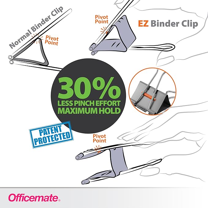 Officemate EZ Binder Clips, Large Size, 12/Box, Gray (99200)