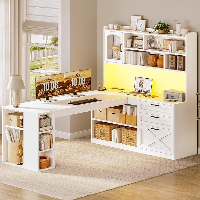 SEDETA Farmhouse 61” L Shaped Office Desk with Drawers, Storage Shelves | Computer Desk with Storage Shelves and Power Outlet, Corner Gaming Desk with LED Light and Display Cabinet for Home Office