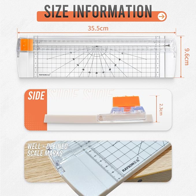 Rayson Paper Cutter Trimmer, A4 Size, 12" Craft Cutter, White | A4 12" paper trimmer for coupons, craft paper, photos and DIY projects; compact white design.